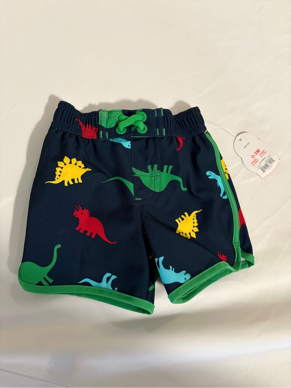 wonder nation Navy Swim Trunks with Multicolor Dino Print and Green Trim